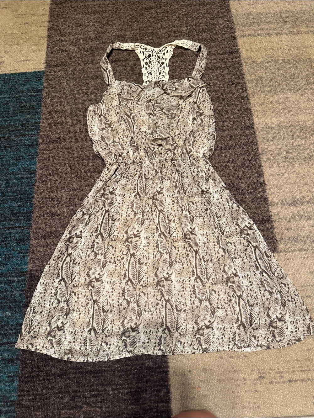 Sleeveless Snake Print A-Line Dress with Crochet Back